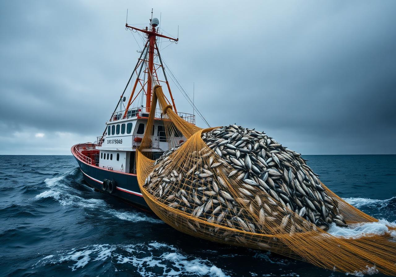 Industrial trawler hauling enormous net of fish